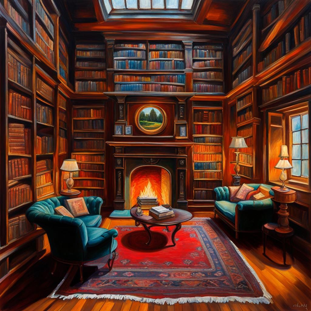 Cozy Library with Fireplace in Impasto Style