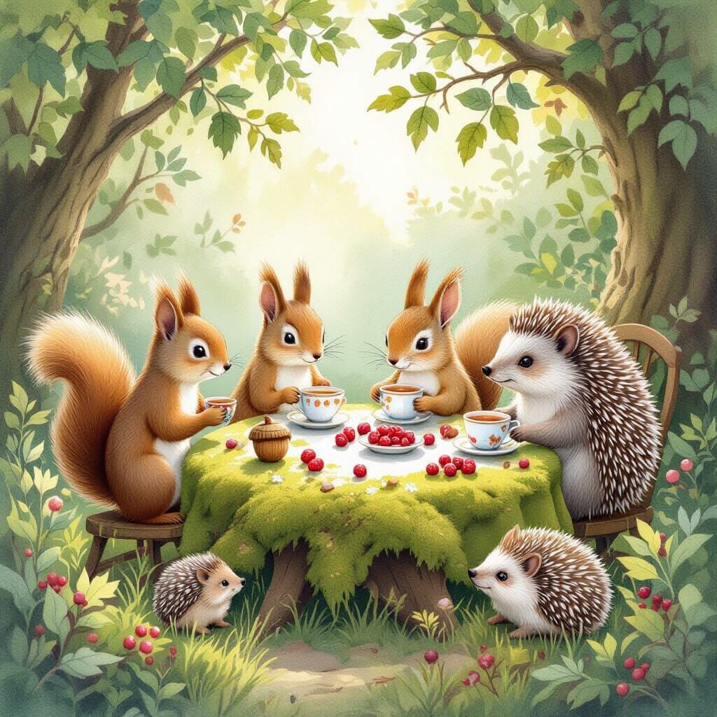 Woodland Creatures Tea Party in Watercolor Style