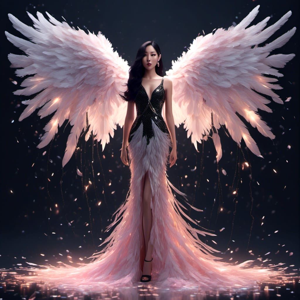 Korean Woman in Rainbow Dress with Angel Wings
