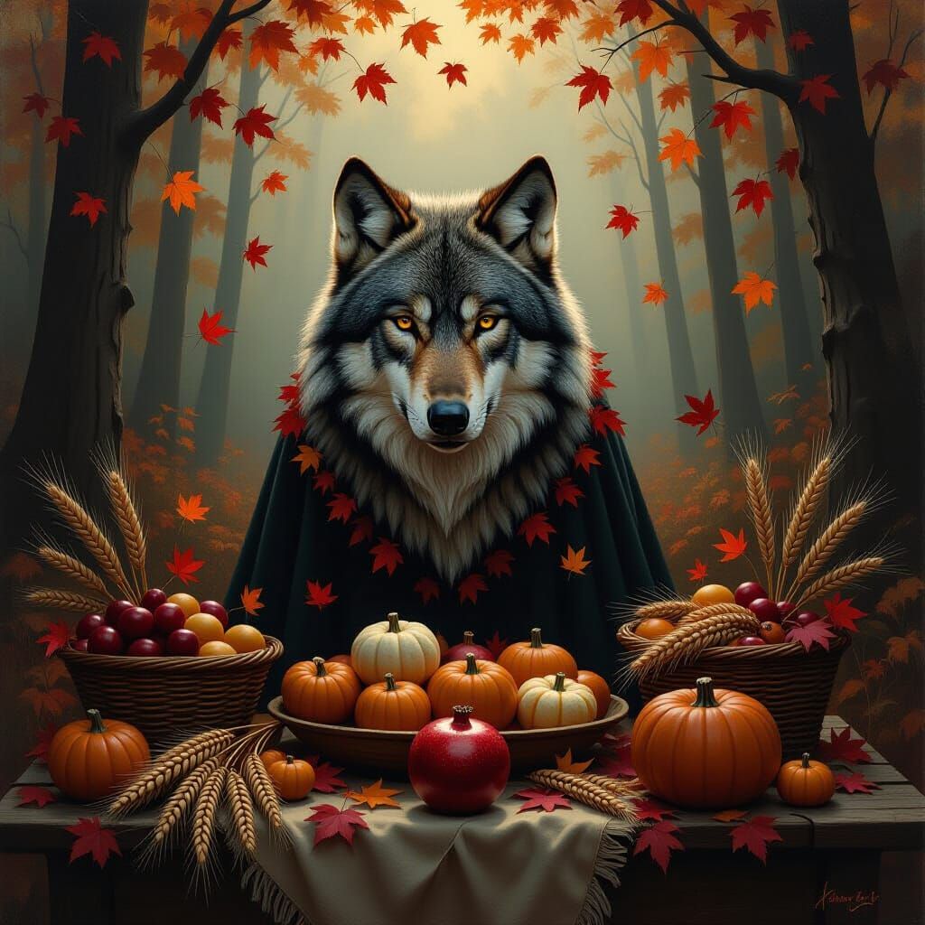 Spectral Wolf Guardian of Harvest Table in Enchanted Forest