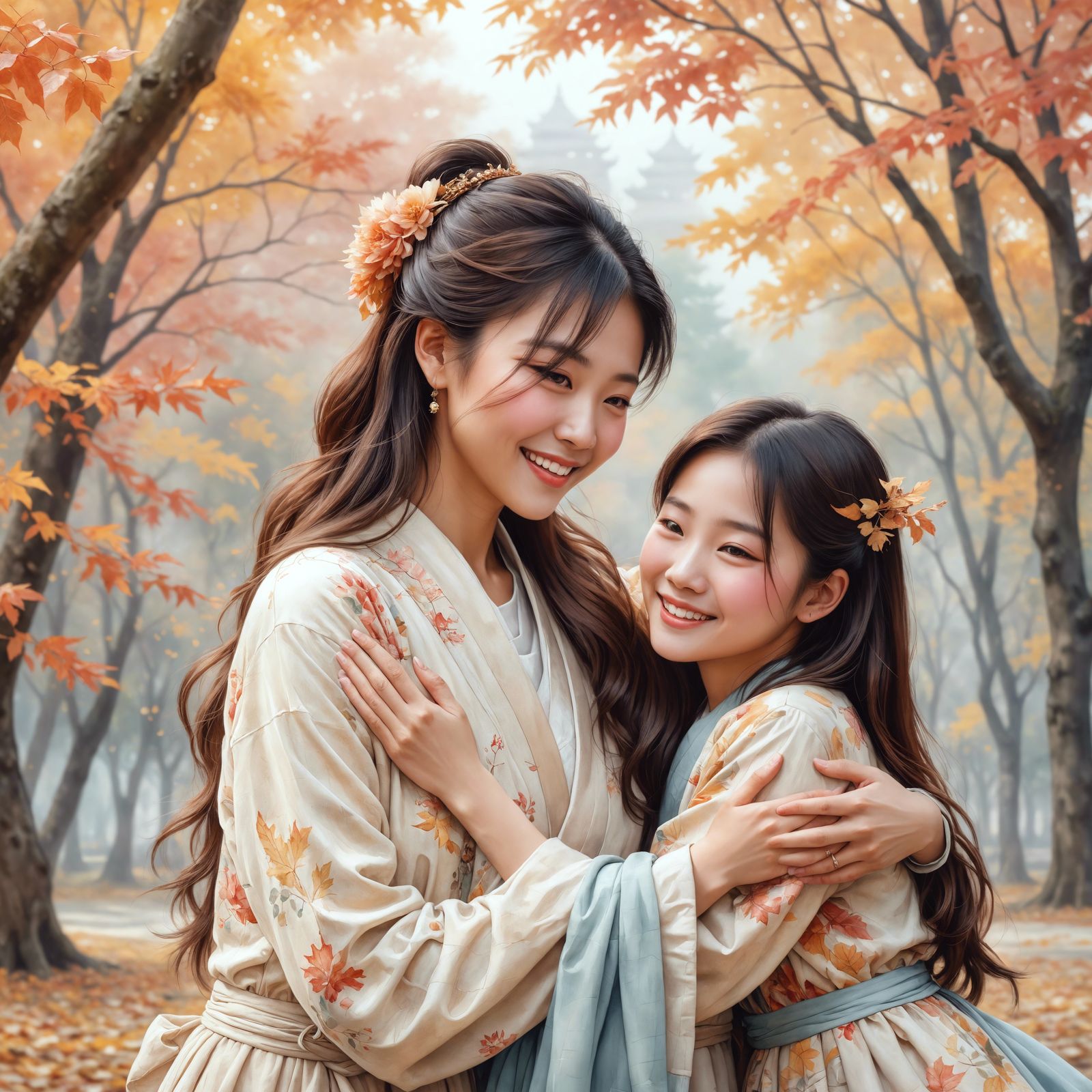 Mother and Daughter in Autumnal Watercolor Haze