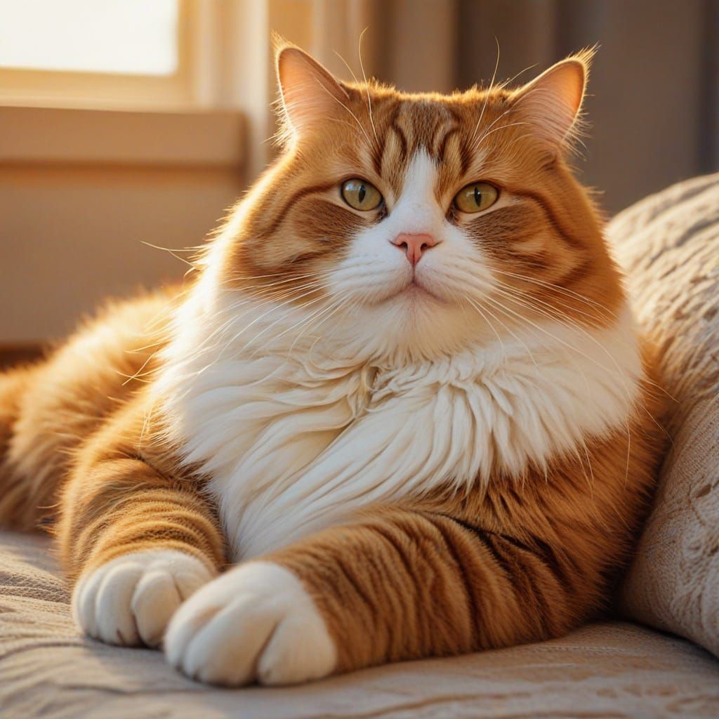 Vibrant Oil Painting of a Fat Cat Lounging in Warm Golden Li...