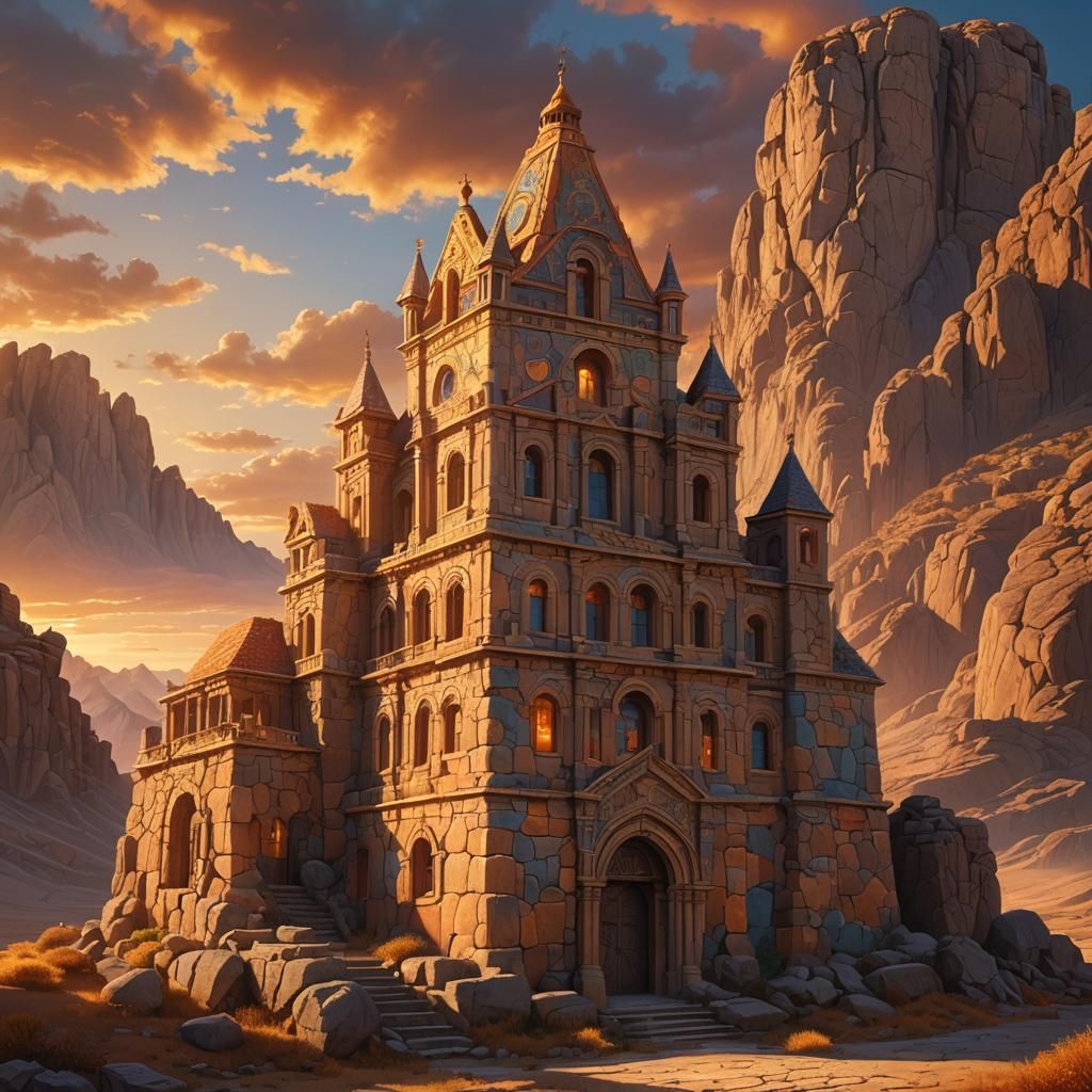 Ancient Stone Building at Sunset in Matte Painting Style