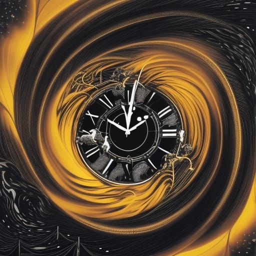 Glowing Clock Flies Through Storm: Airbrush Illustration