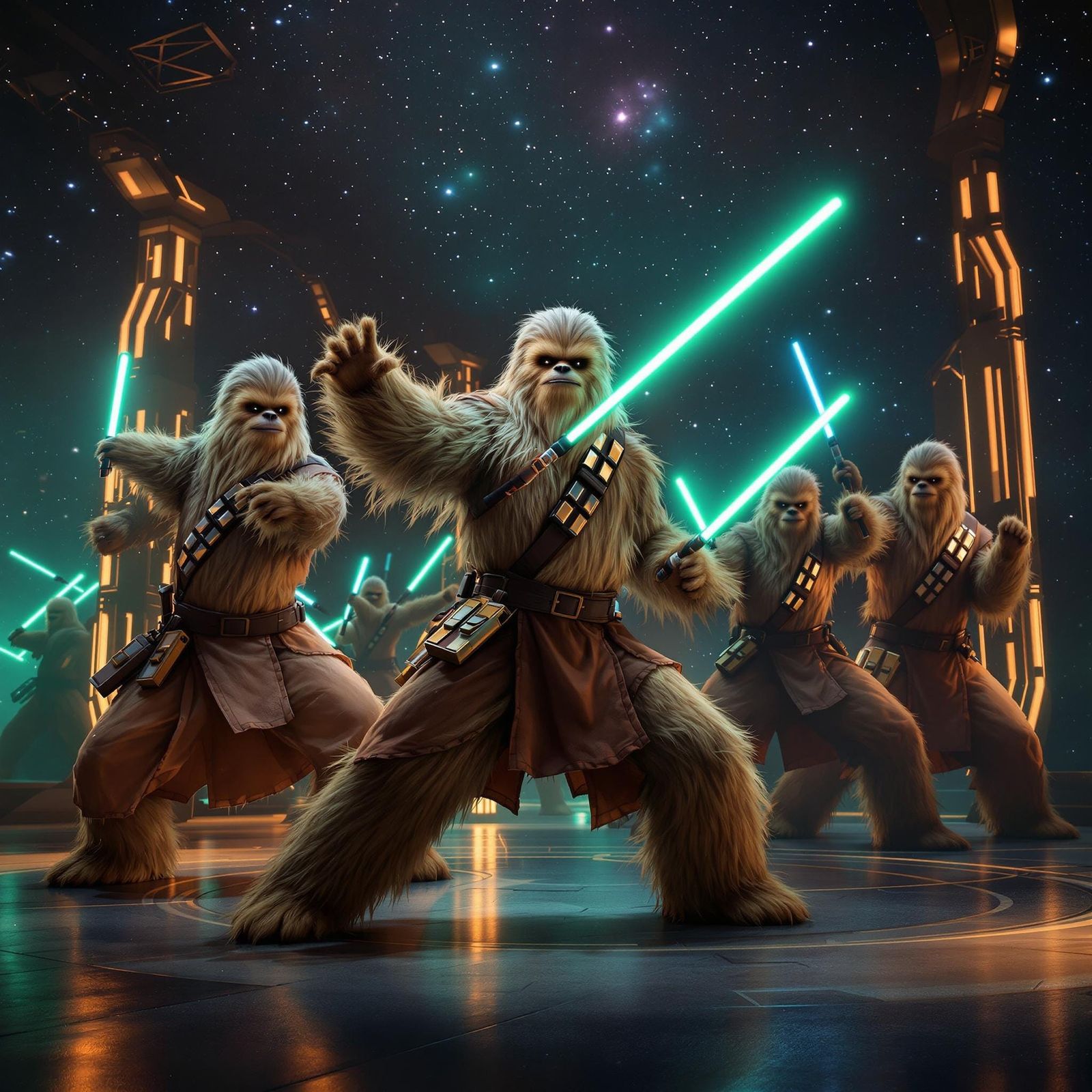 Cosmic Jedi Wookies in Neon-Lit Training