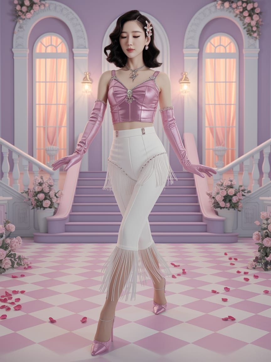 Korean Woman in Pink Outfit in Palace Hall