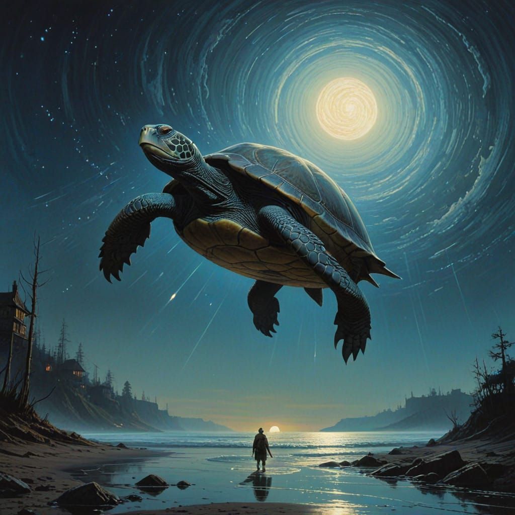 Cosmic Turtle Soars Through Space with Majestic House on Bac...