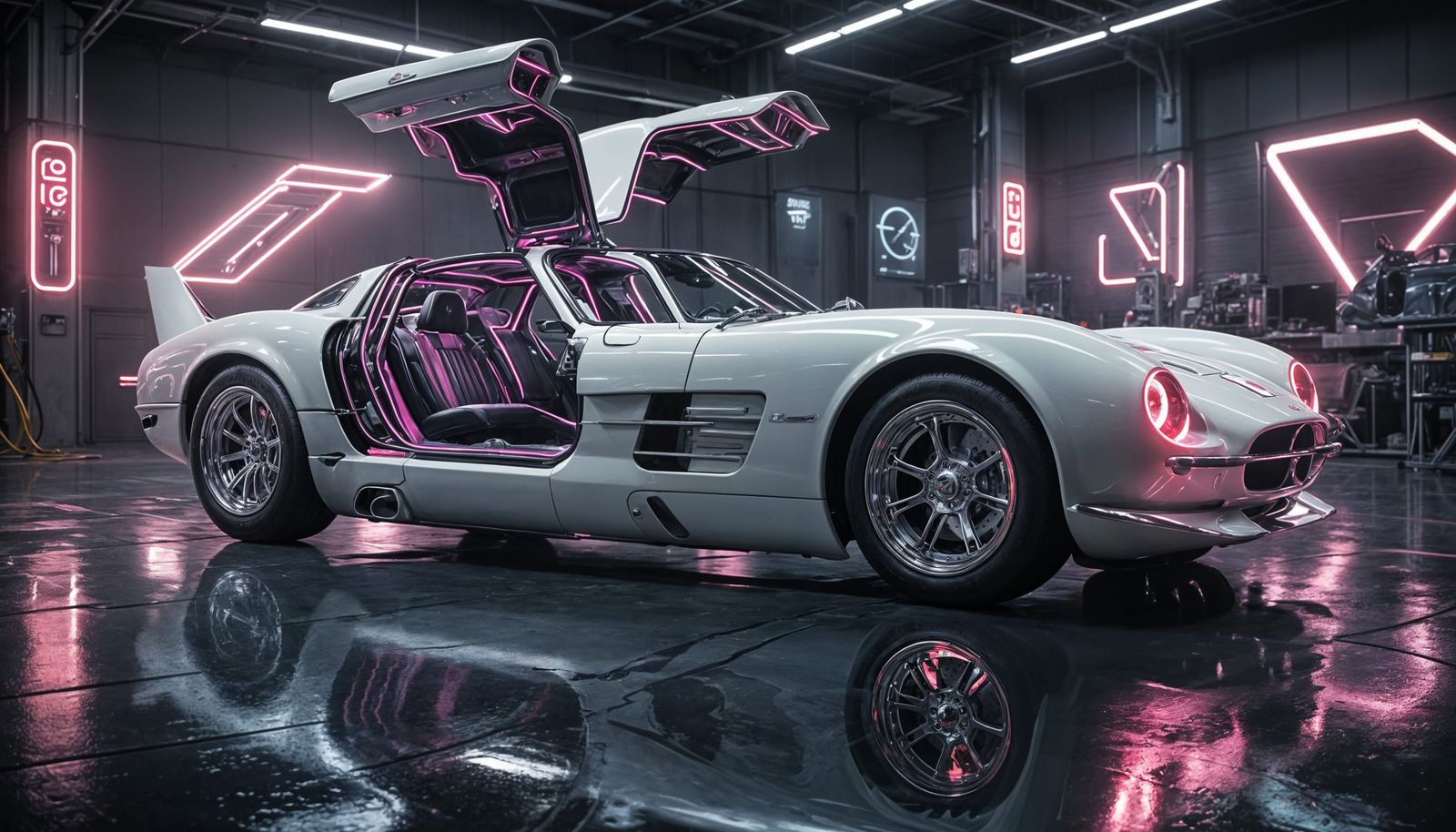 Cyberpunk Electric Sport Coupe in Futuristic Hangar