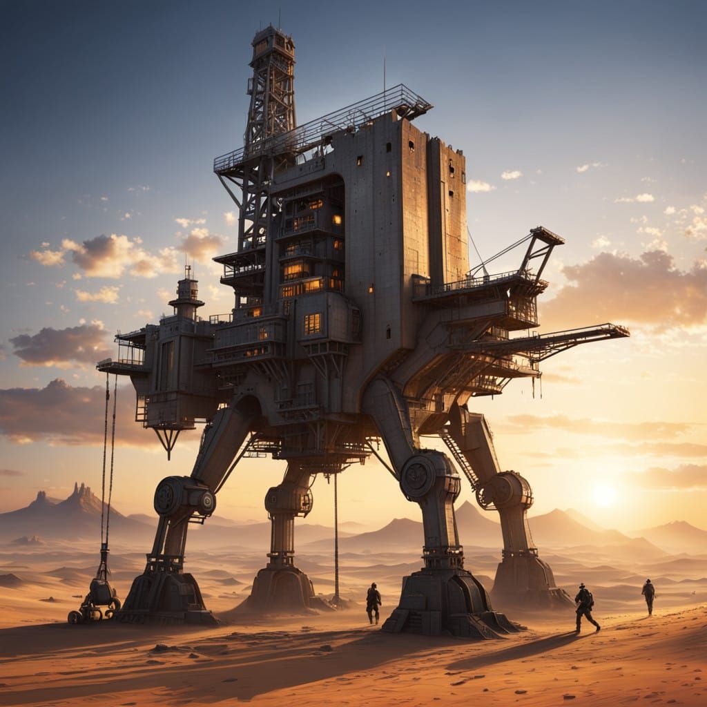 Mechanical Fortress Walks Through Sunset Desert