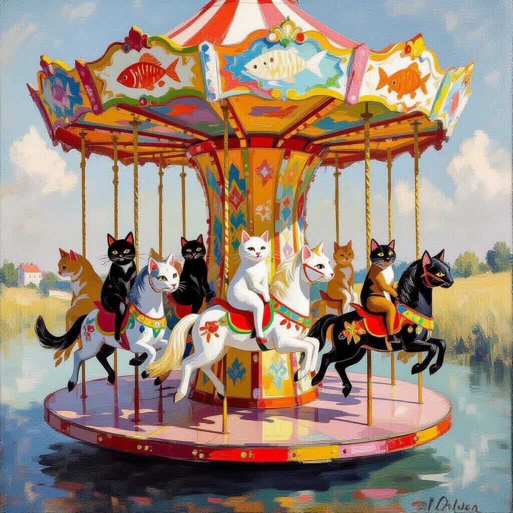 Cats Riding Fish on Surreal Carousel in Marquet Magritte Sty...