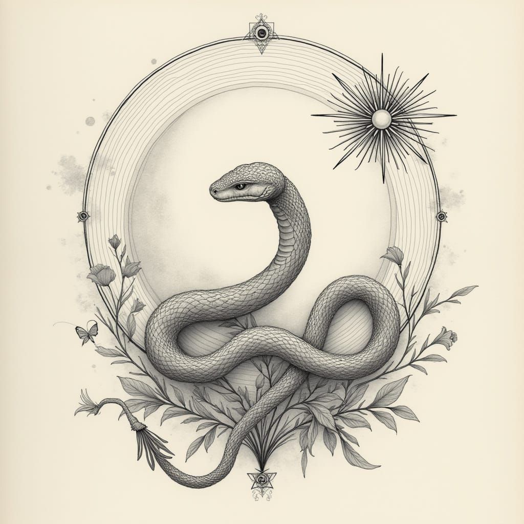 Undulating Serpent Near Full Moon with Esoteric Symbols