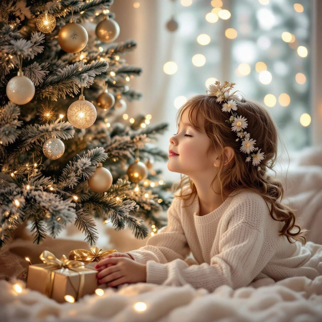 Girl Dreams of Wedding by Christmas Tree