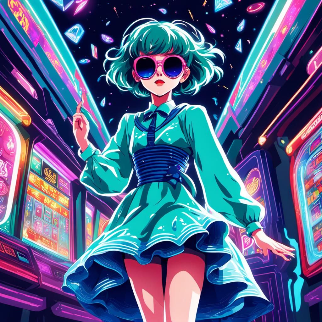 80s Anime Woman Dancing in Neon Arcade