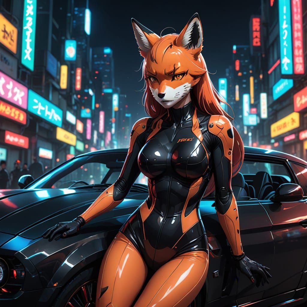 Cyberpunk Fox Hybrid Leans on Car in Neon City