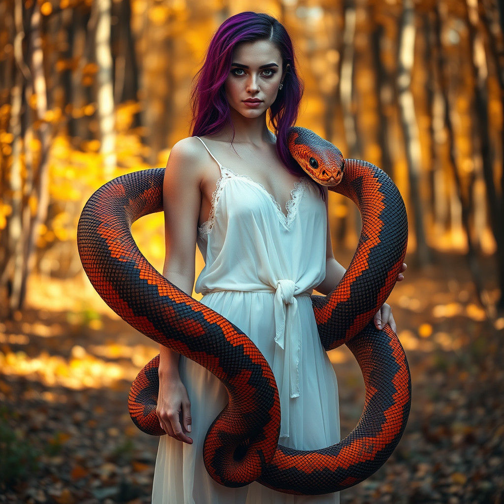 Autumn Woman with Snakes in Dreamlike Forest