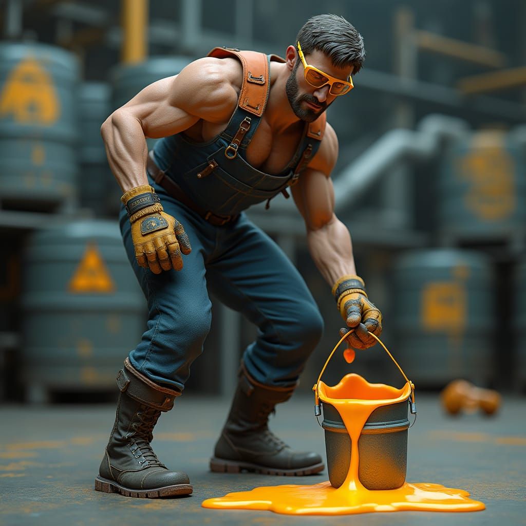 Industrial Worker in Chemical Hazmat Suit Handles Bright Dye...