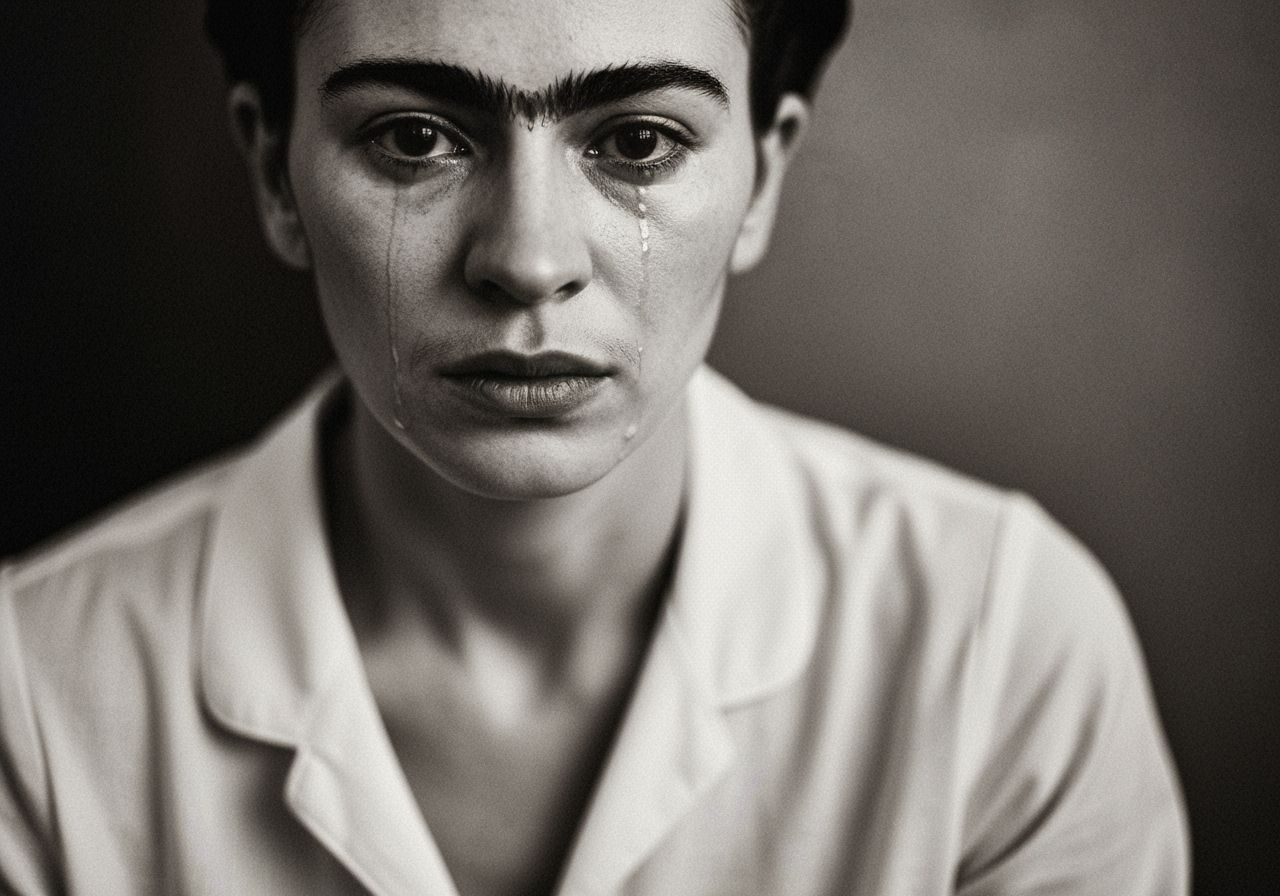 Emotional Portrait of a Crying Woman in Black and White