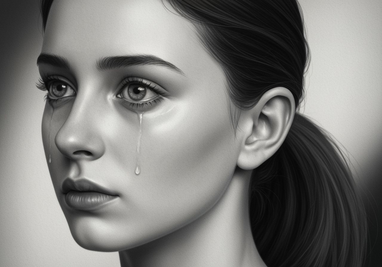Monochrome Portrait of a Crying Woman in Realist Style