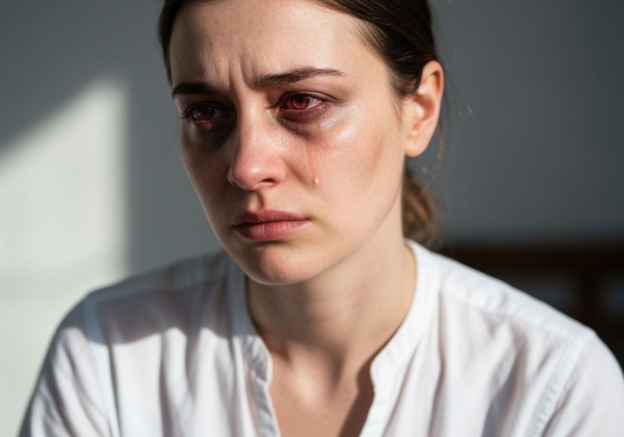 Emotional Portrait of Crying Woman in Black and White