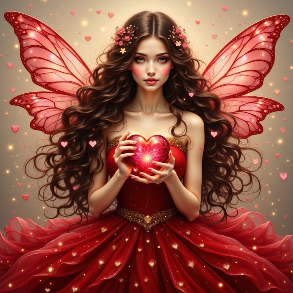 A Valentine's fairy with long curly brunette hair. She is wearing a scarlet diaphanous gown with embroidered gold hearts...