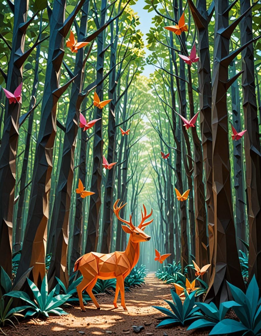 Origami Forest Scene with Paper Animals
