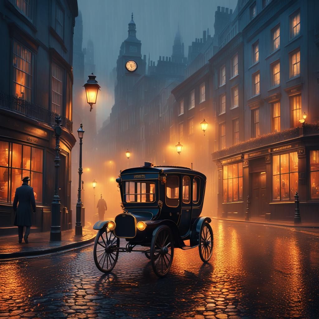 Misty London Street at Night in Oil Painting Style