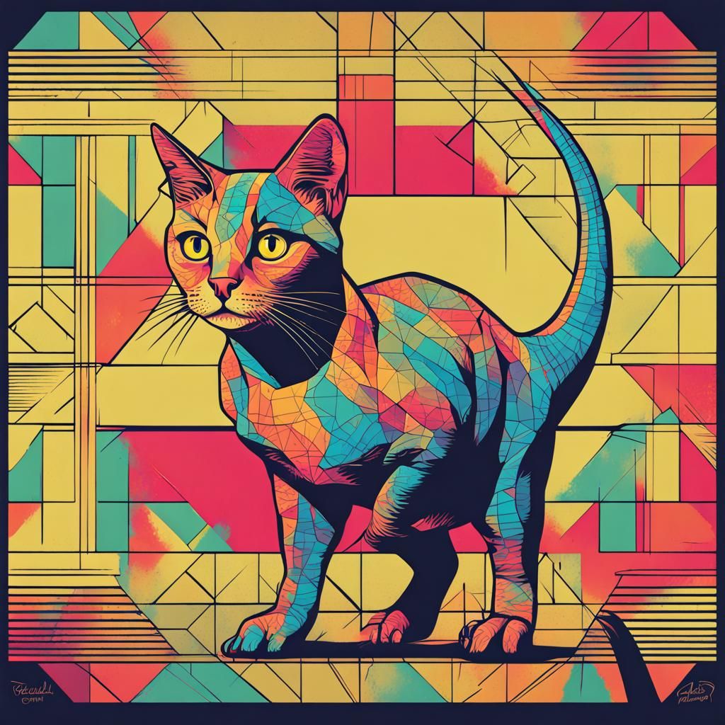 Dinosaur Cat Pop Art in Geometric Bauhaus Style