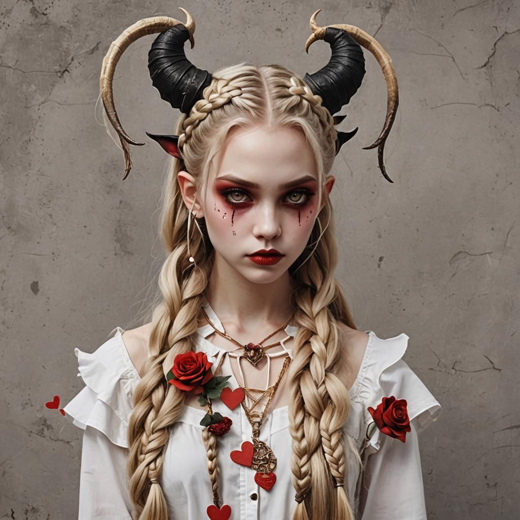 Valentine's Day Demon with Blonde Braids and Wings