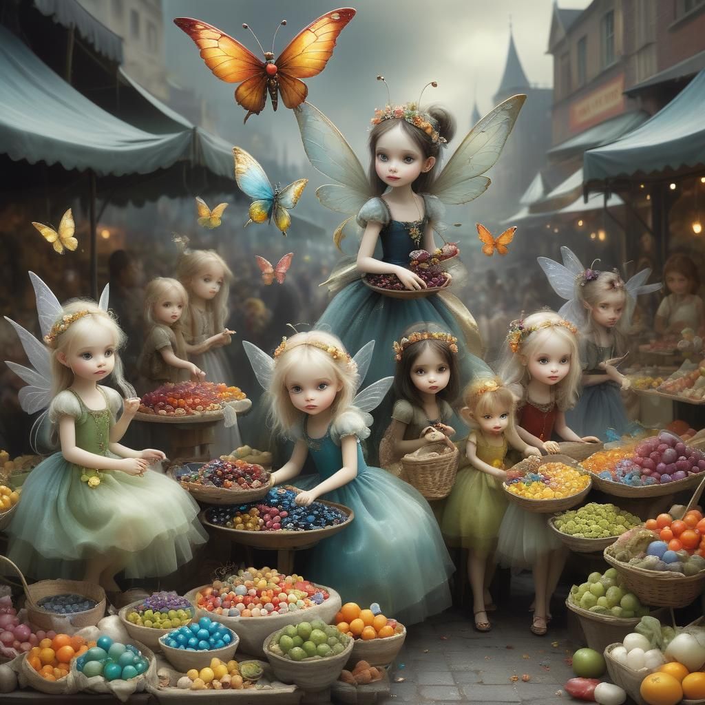 Elegant Fairies Trade Gems at Overcast Market