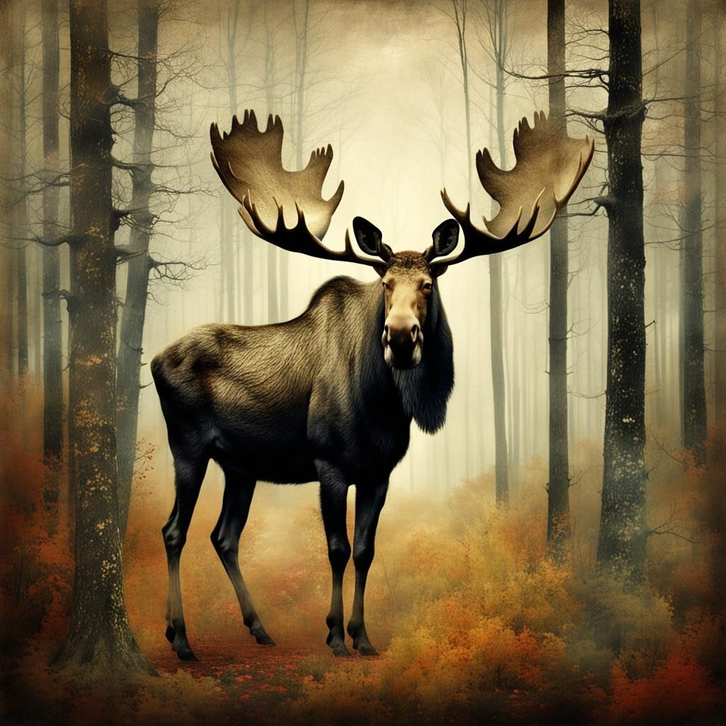 Moose in Woods: Fairytale Art Illustration