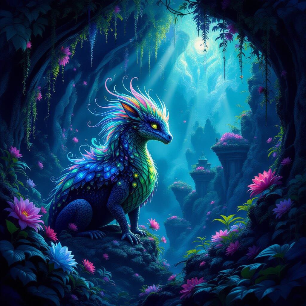 Surrealist Oil Painting of Magical Ecosystem with Ethereal L...