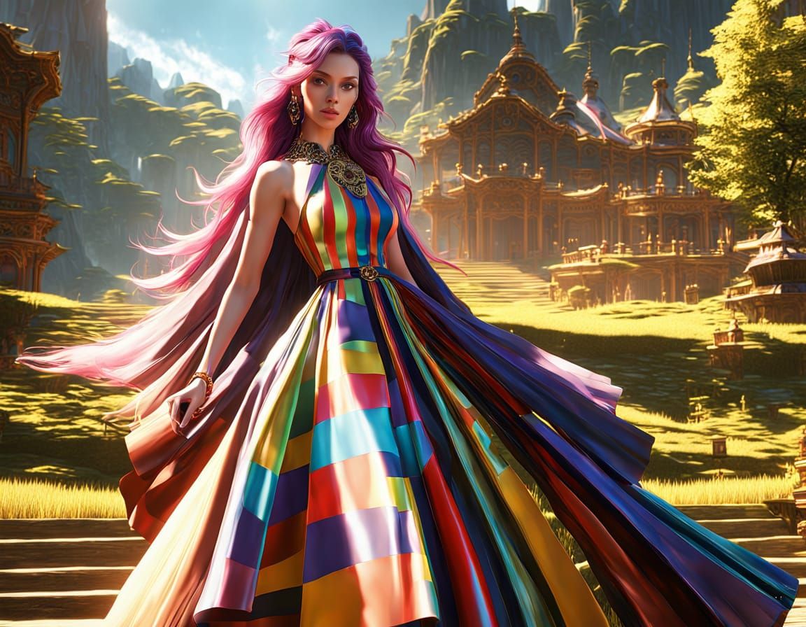 Vibrant 3D Anime Fashion Illustration with Rainbow Stripes