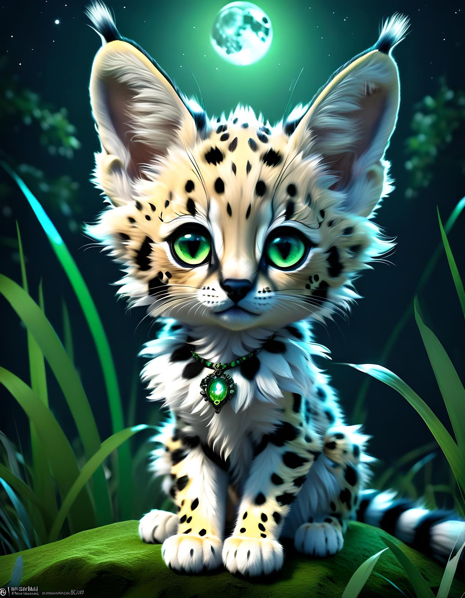 Moonlit Chibi Serval Kitten in Hyper-Realistic Style