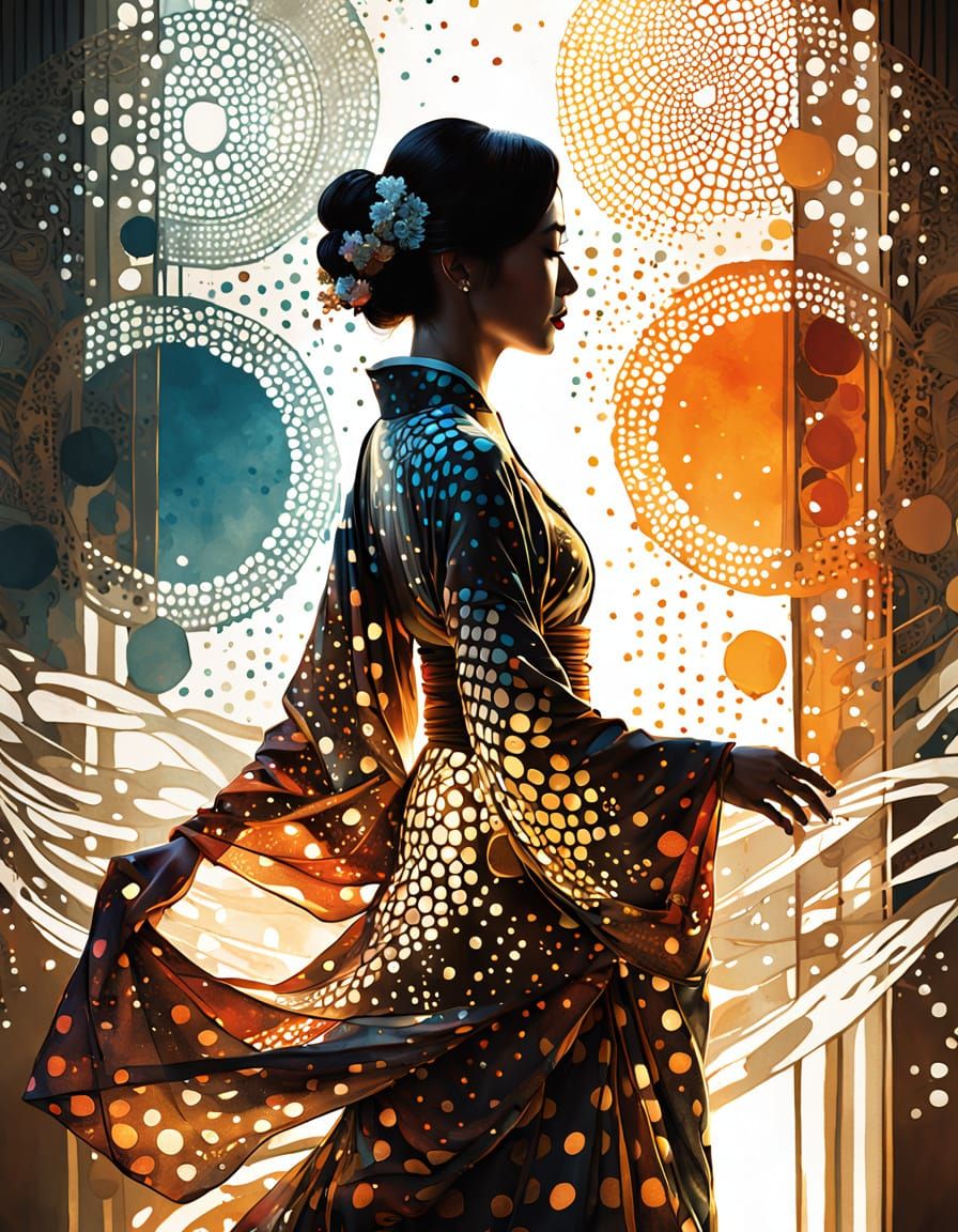 Glowing Japanese Woman in Polka Dot Art Nouveau Style