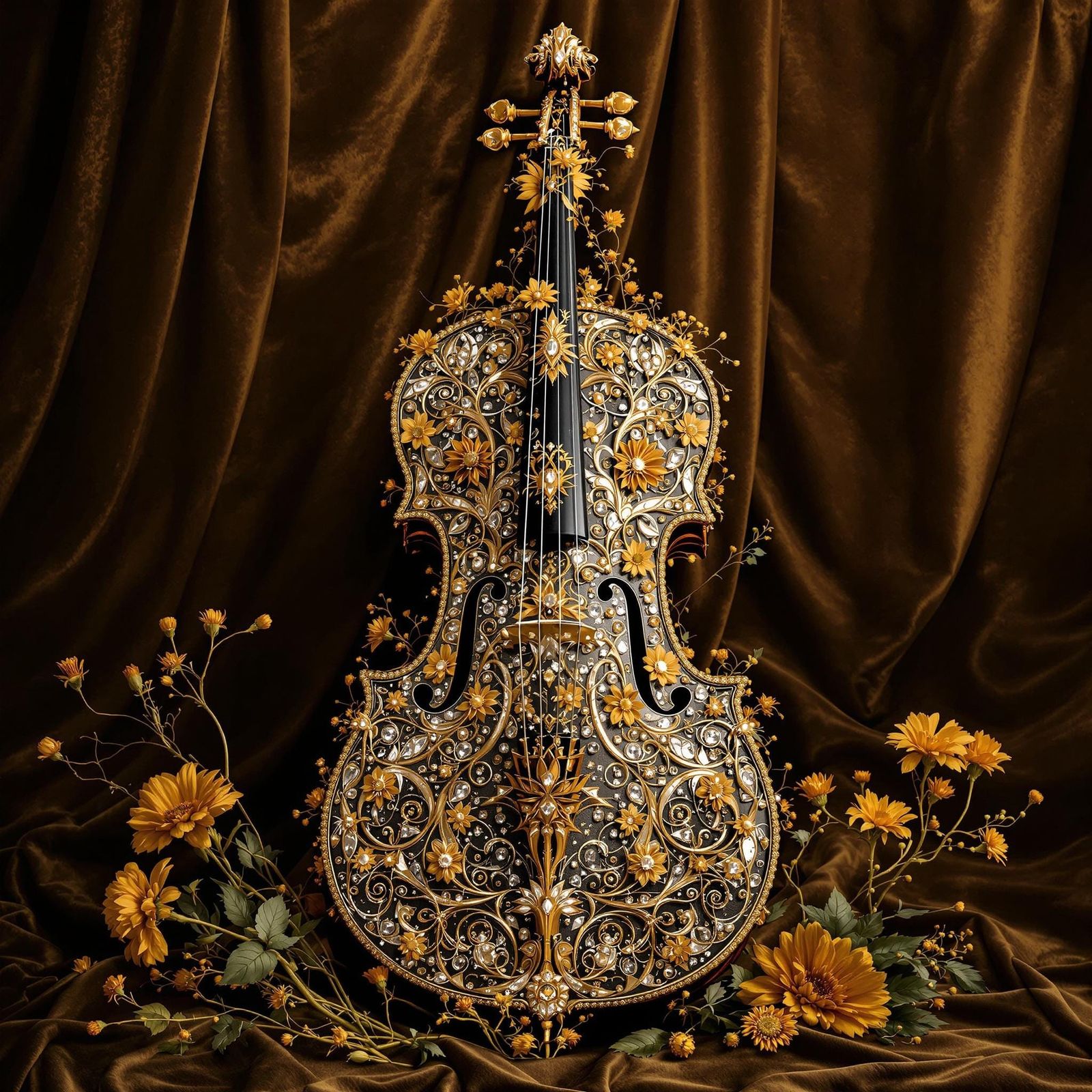 Diamond-Encrusted Cello with Golden Florals in Luxurious Vel...