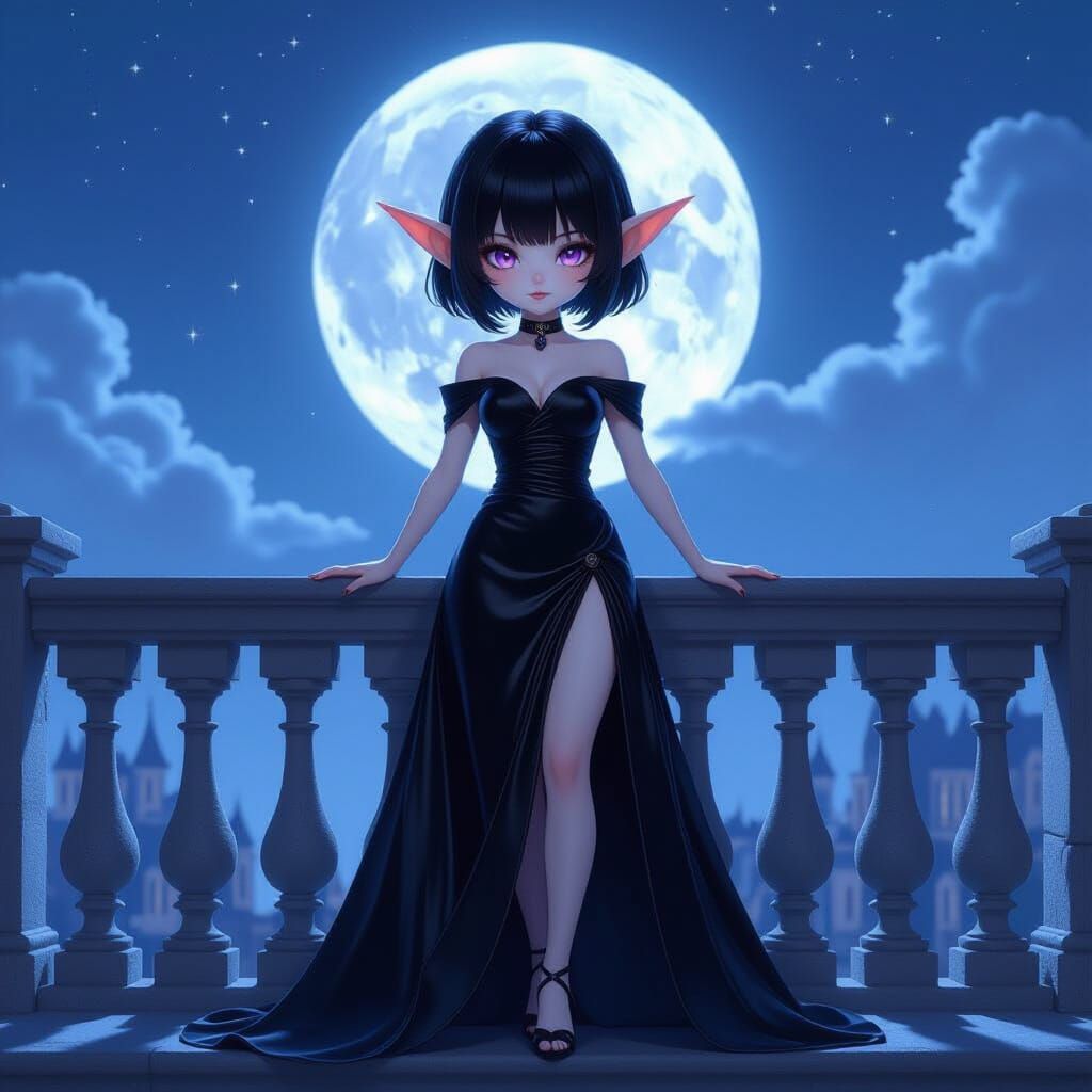 Goblin Woman on Castle Balcony in Moonlight