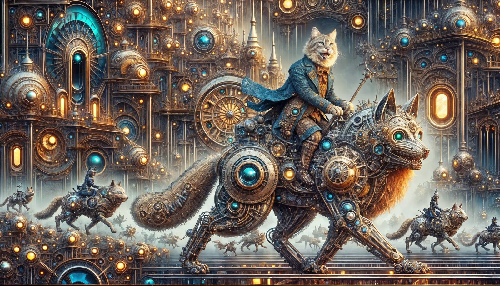Steampunk Cats Ride Clockwork Wolves in Gothic City