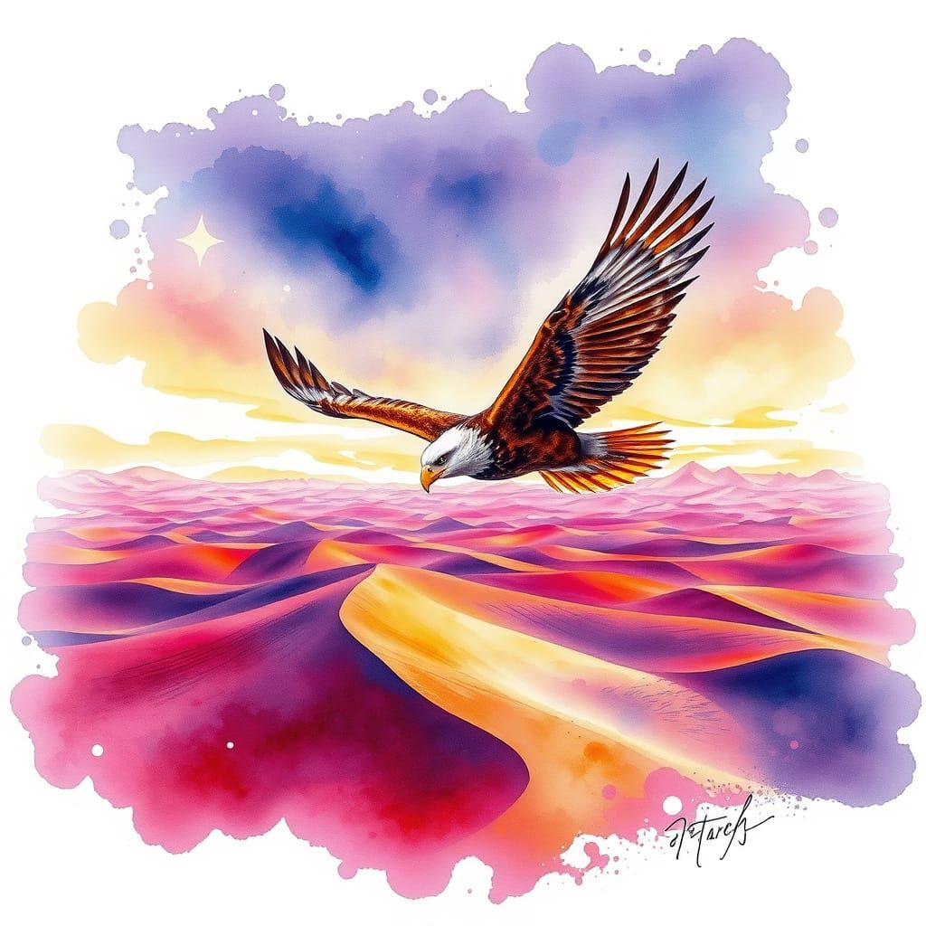 Regal Eagle Soars Over Endless Desert Twilight