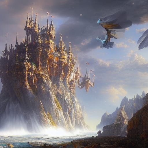 Flying Castle in Triadic Colors, Fantastical Painting