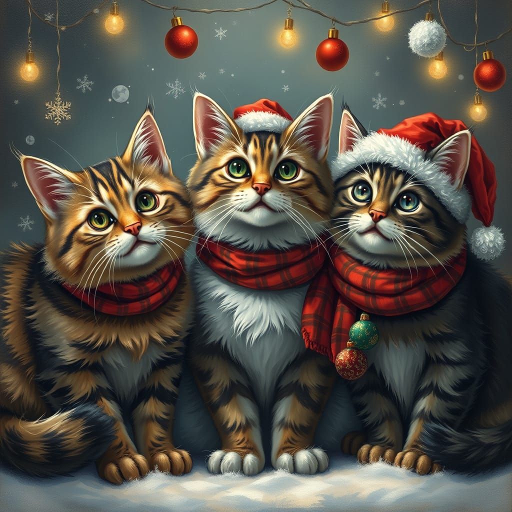 Three Realistic Christmas Cats Posing
