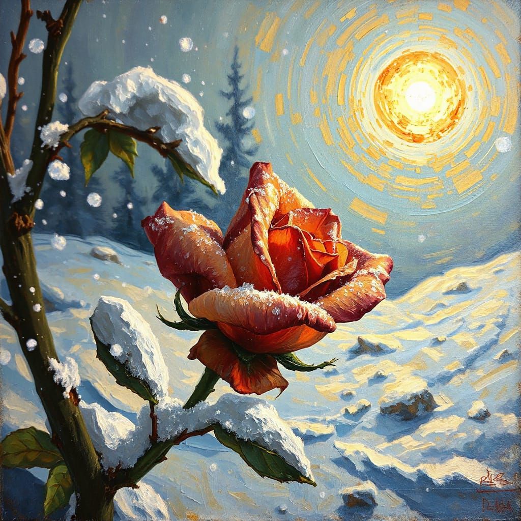 Winter Rose Blooms with Spring Light as Oil Painting