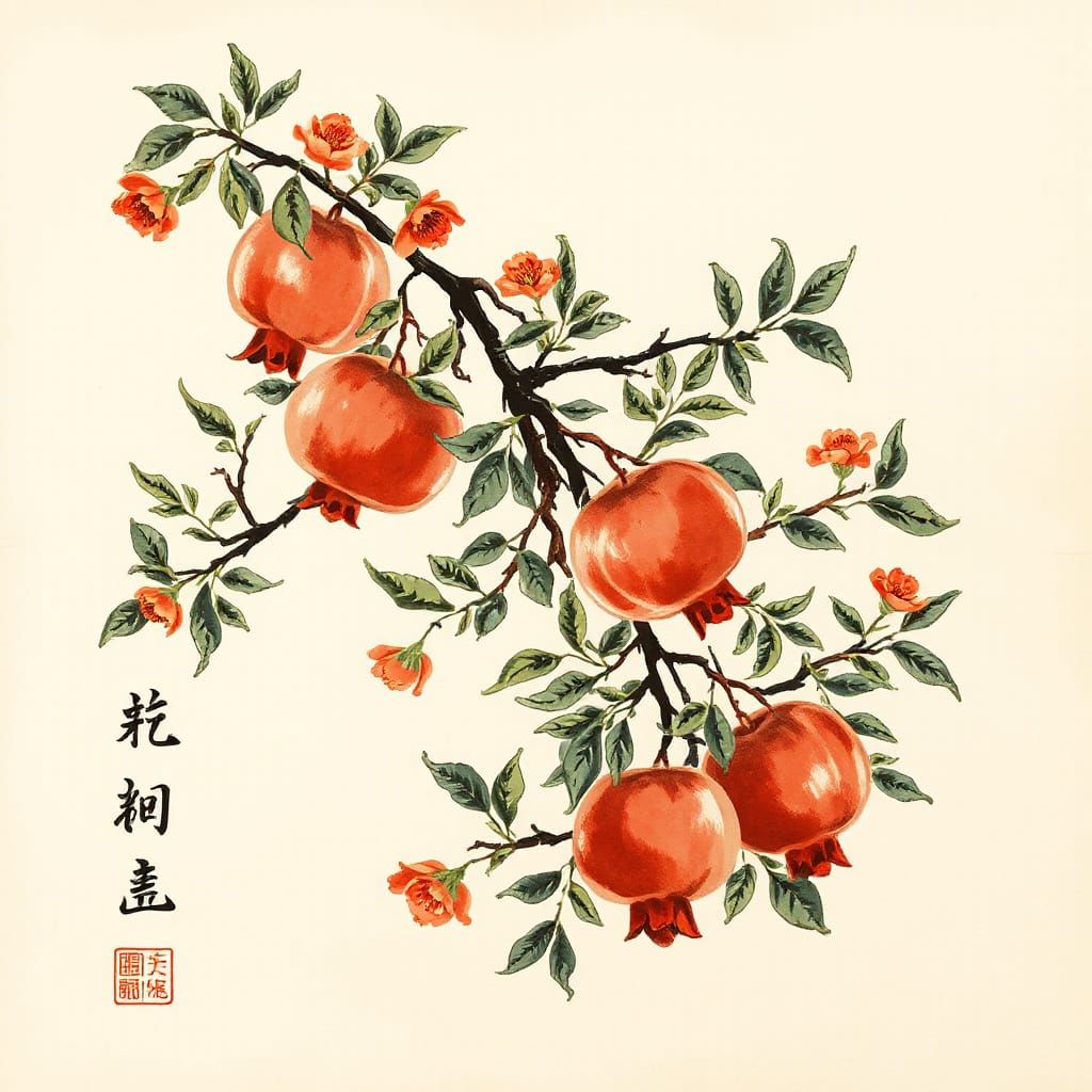 Chinese Ink Painting of Pomegranate Branches