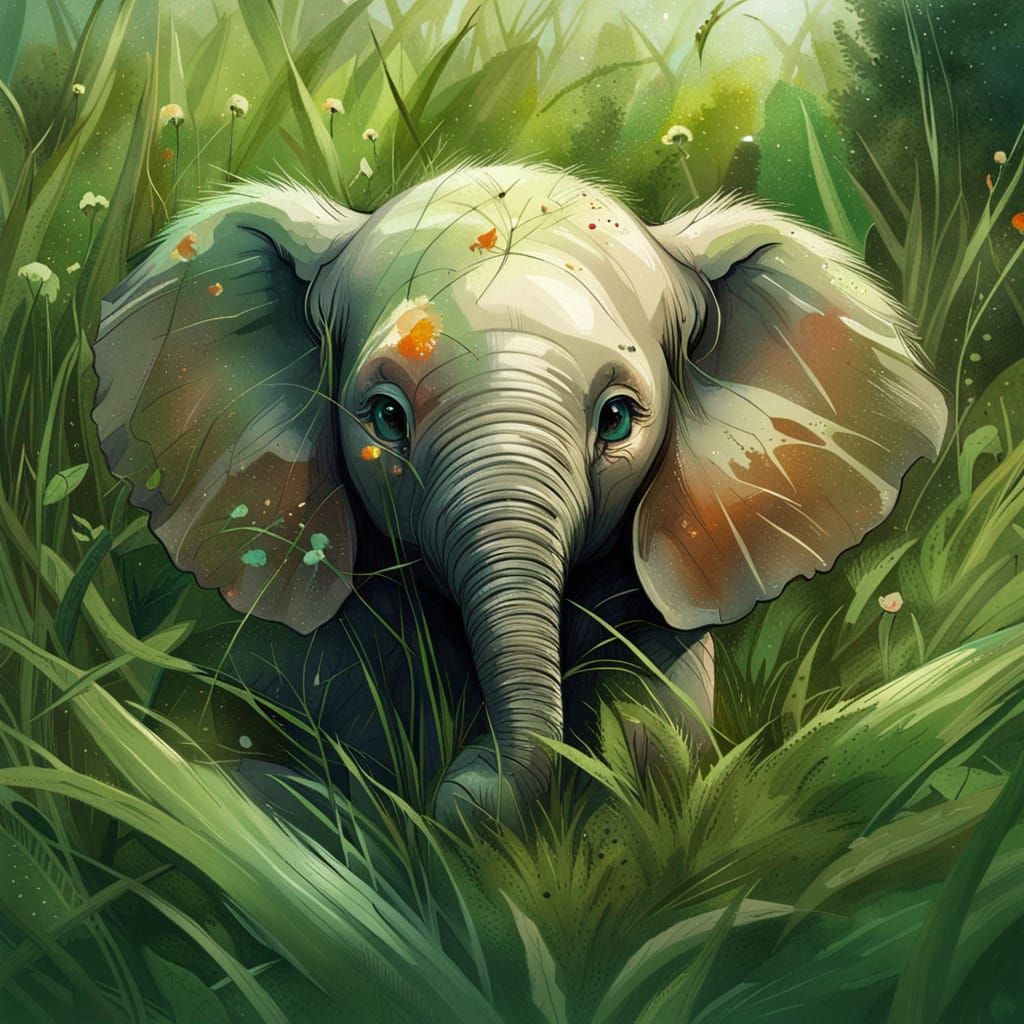 Happy Baby Elephant in Lush Grass, Digital Art