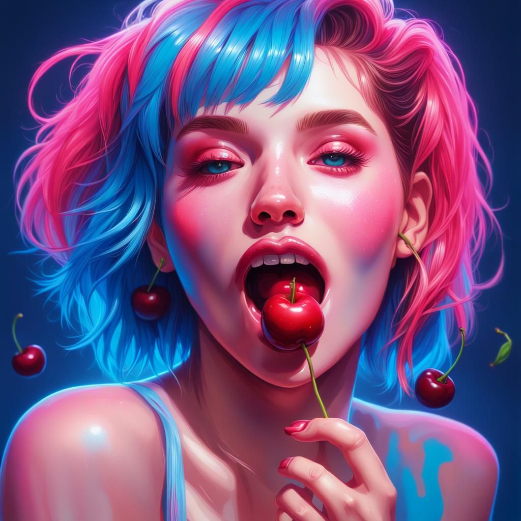 Flirty E-Girl with Cherry in Neon Splash Art