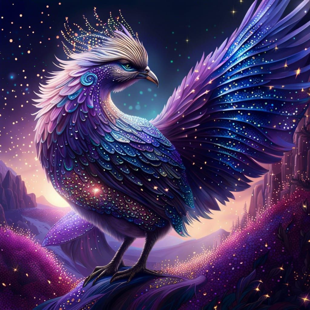 Glittering Feathered Creatures in Fantasy Landscape