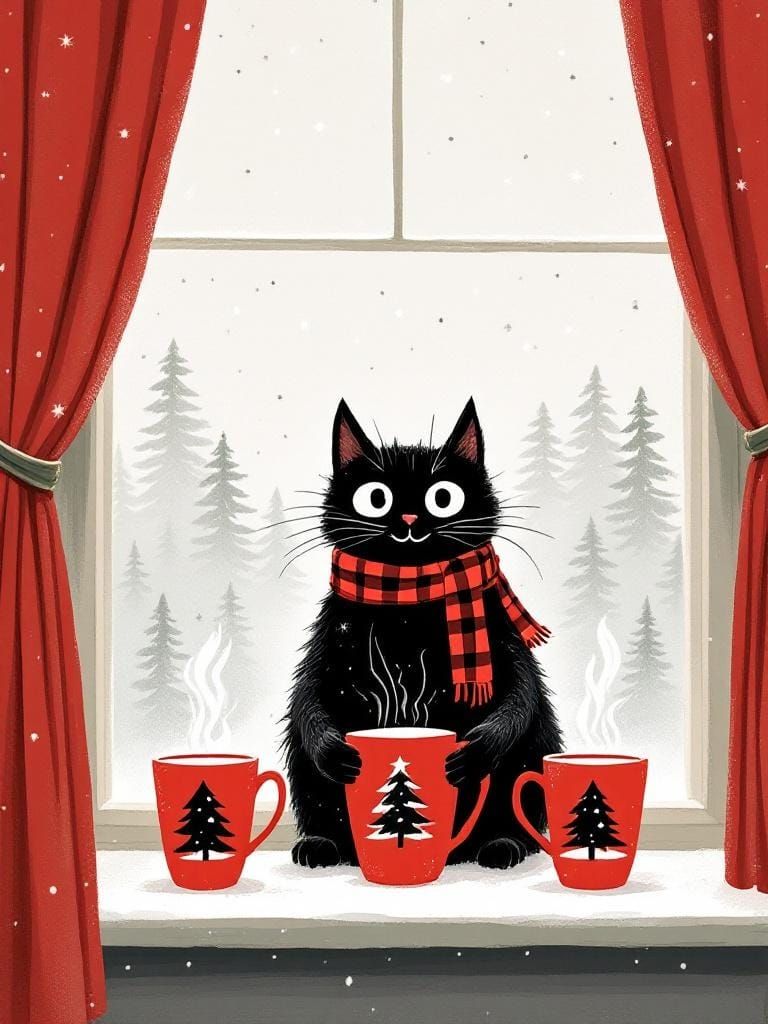 Black Cat Holds Steaming Mug by Snowy Window