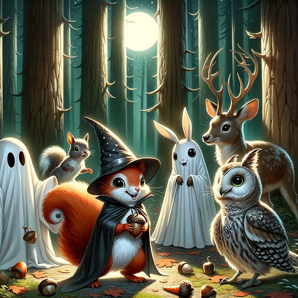 Forest Animals Celebrate Halloween in Enchanting Moonlight