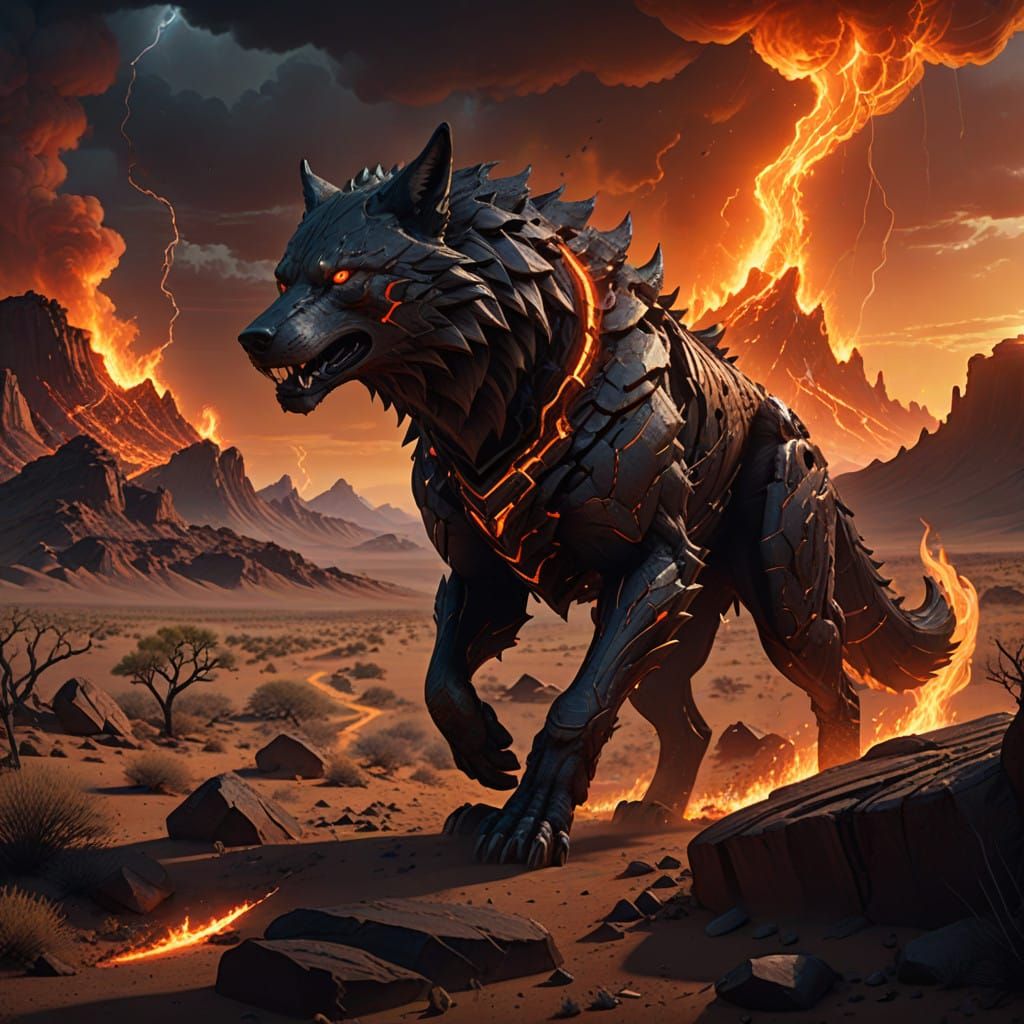 Glowing Ember Wolf Rises from Lava Desert