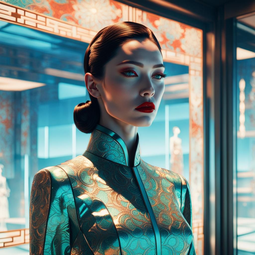 perfect face perfect lips girl , glassy skin,parallax Edward Hopper deformed Ukiyo-e poster art beautiful soft focus sun...