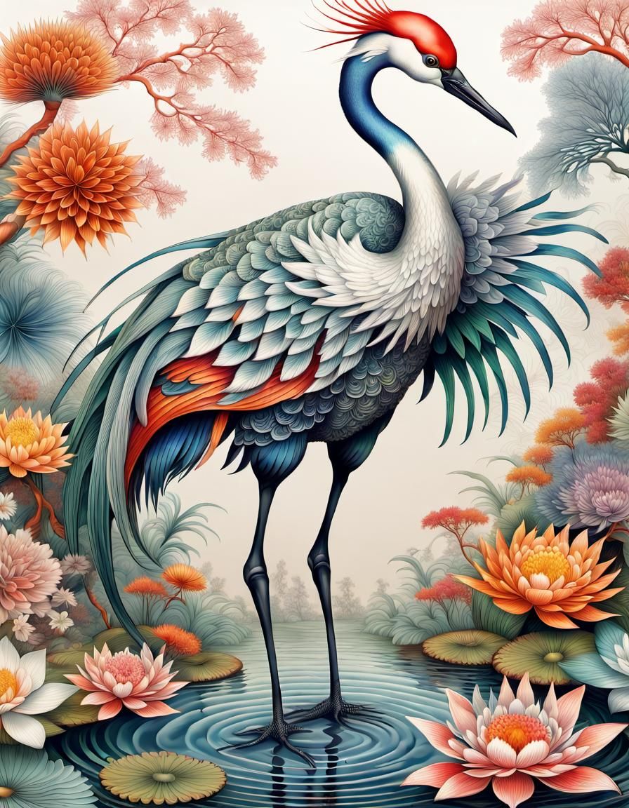 Japanese Crane in Pond Garden Inspired by Haeckel